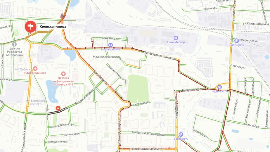 В Калининграде из-за ремонта моста на Киевской встали несколько улиц - Новости Калининграда | Скриншот сервиса "Яндекс.Пробки" В Калининграде из-за ремонта моста на Киевской встали несколько улиц - Новости Калининграда | Скриншот сервиса "Яндекс.Пробки"