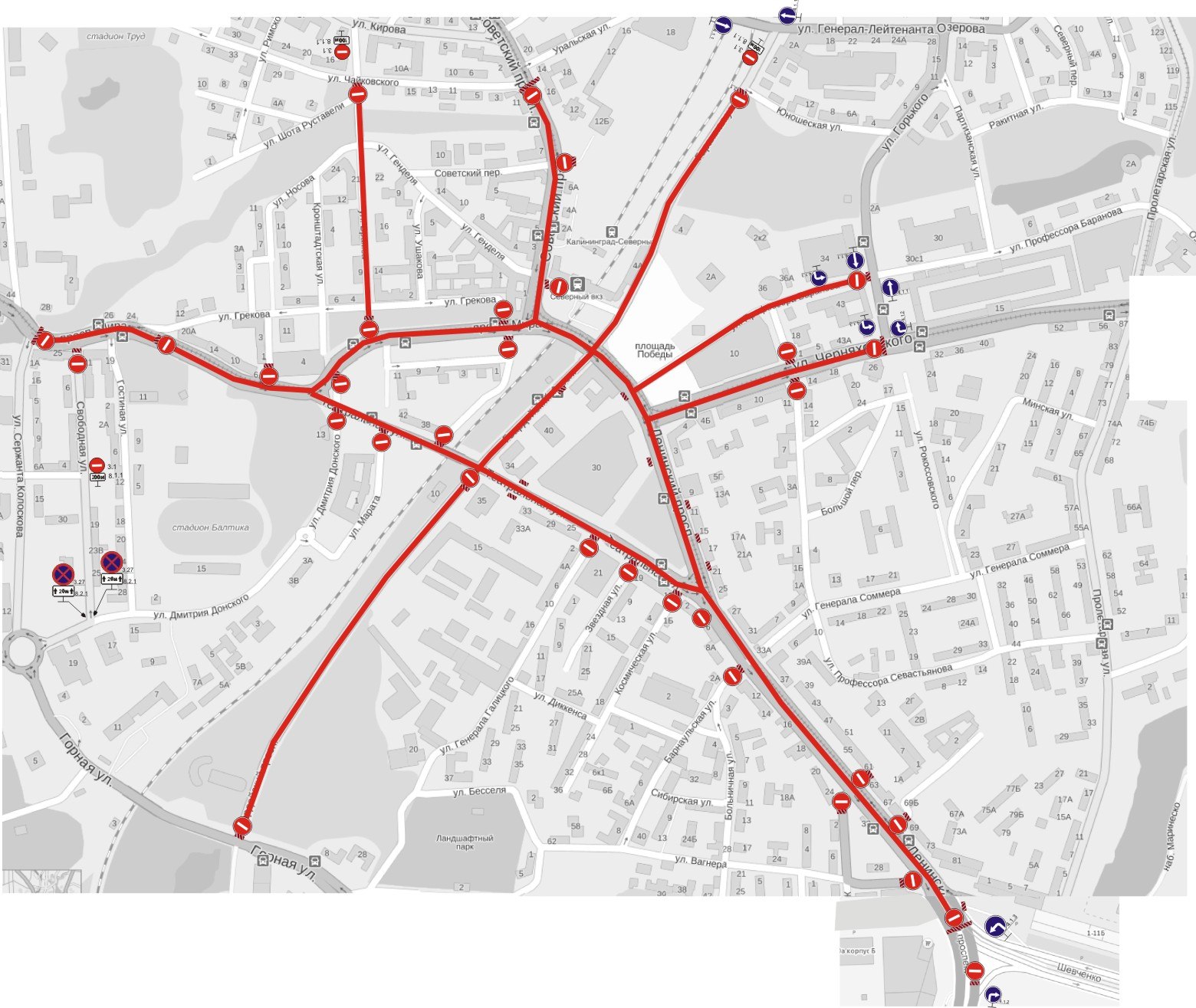 Схема перекрытия улиц 9 мая калининград